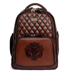 Super Functional Backpack Diamond Stitched Dark Brown Leather with Embossed Lion Logo by Brune & Bareskin