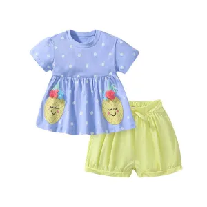 Toddler/Kid Girl's Short Sleeve Cartoon Print Design Tee with Shorts Set