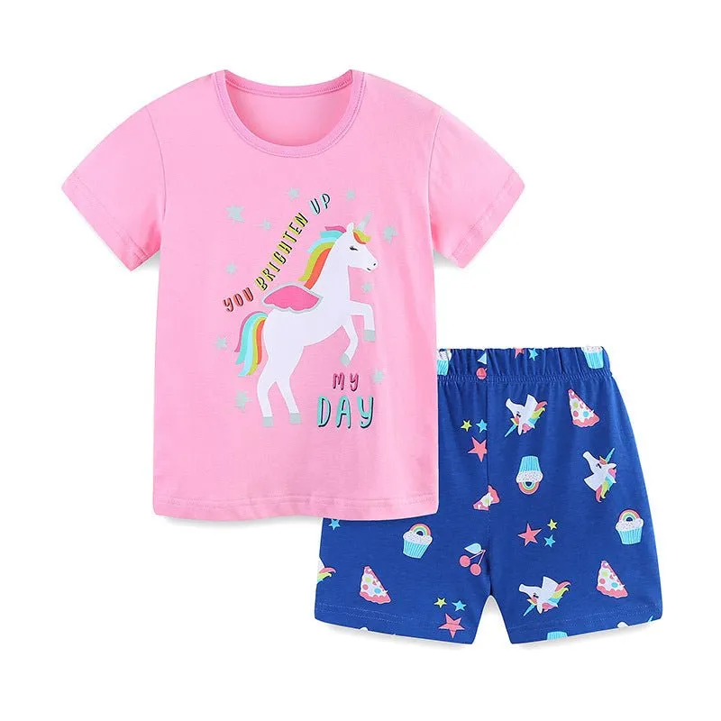 Toddler/Kid Girl's Short Sleeve Unicorn Pink Tee with Shorts Set