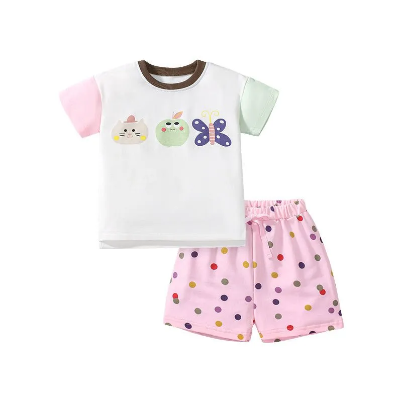 Toddler/Kid Girl's White Cartoon Top with Pink Dot Design Shorts Set