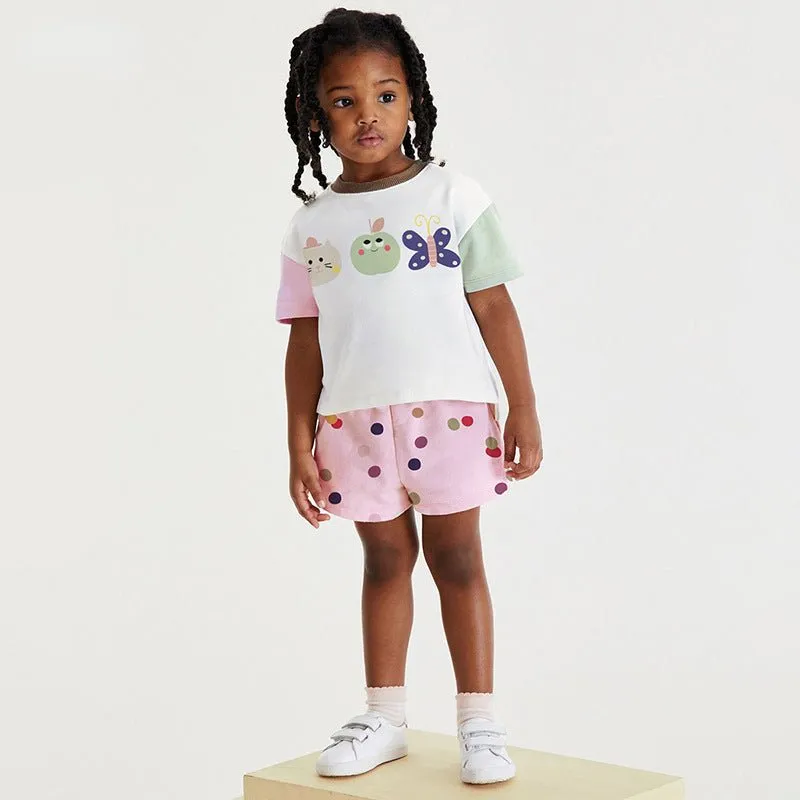 Toddler/Kid Girl's White Cartoon Top with Pink Dot Design Shorts Set