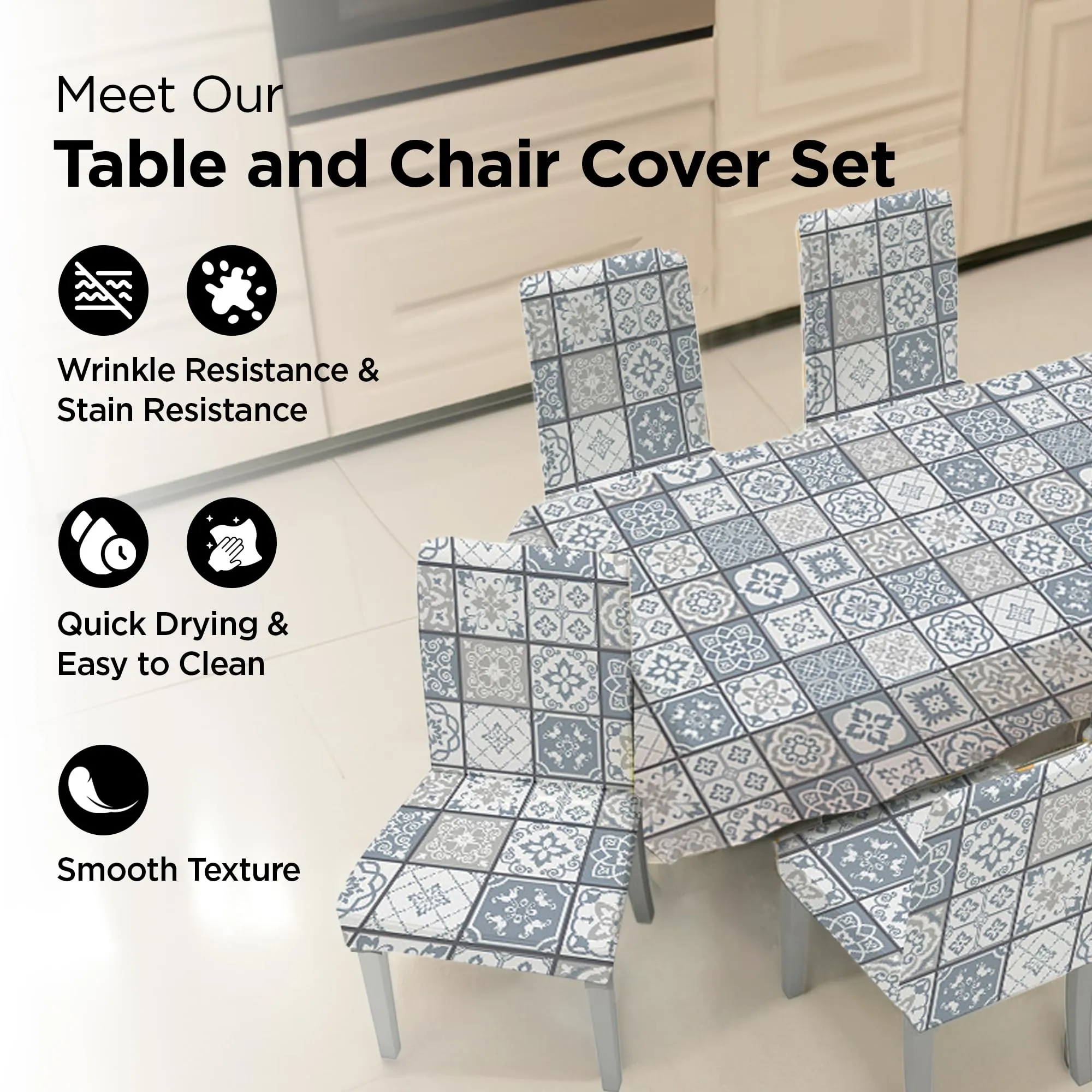 UMAI Dining Table Cloth | Dining Table Cover 4 Seater Cover Set | Water Proof Cloth Dust and Oil Repellent Washable | 4 Chairs 1 Table Cover| White and Blue