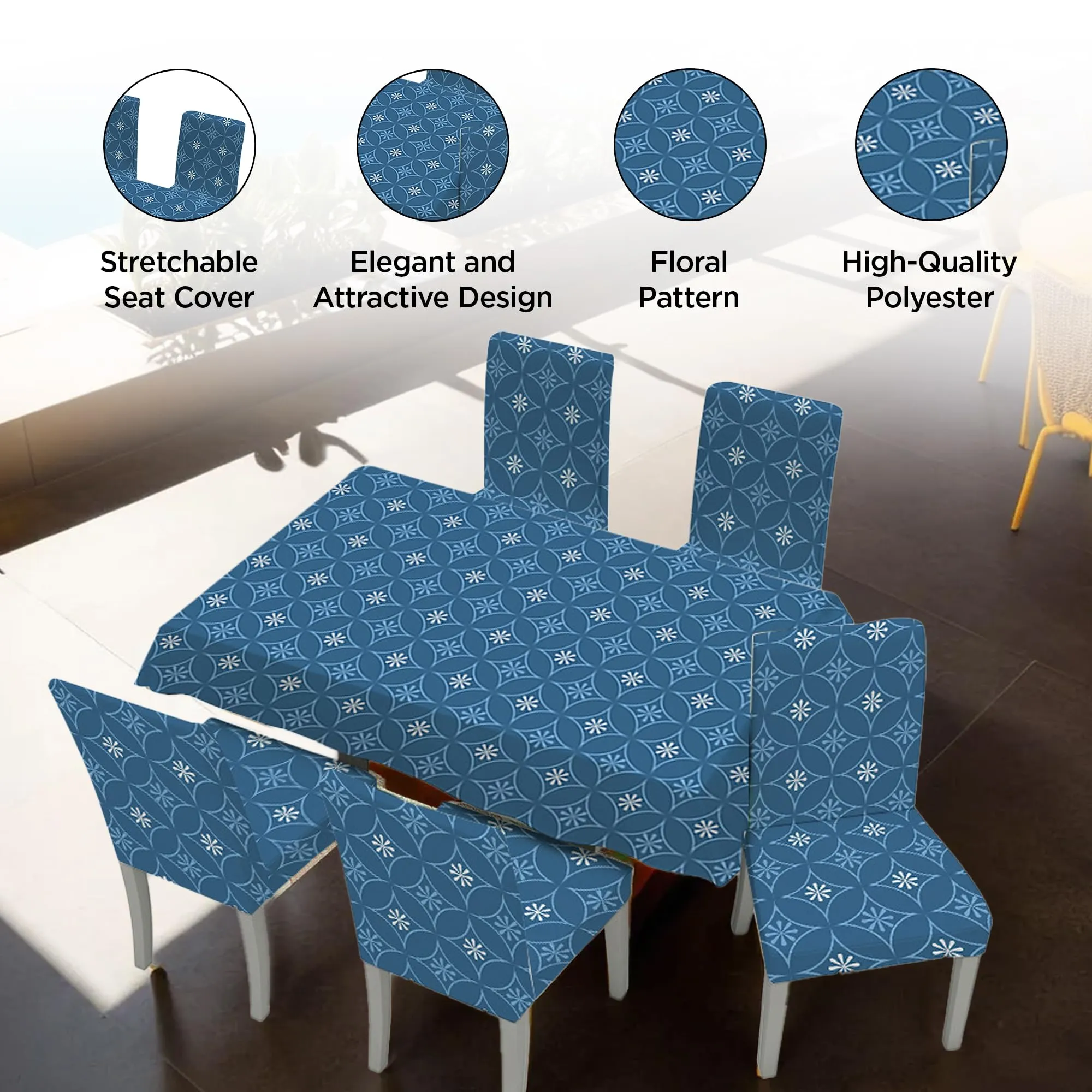 UMAI Dining Table Cloth | Dining Table Cover 6 Seater Cover Set | Water Proof Cloth Dust and Oil Repellent Washable | 6 Chairs 1 Table Cover| Blue