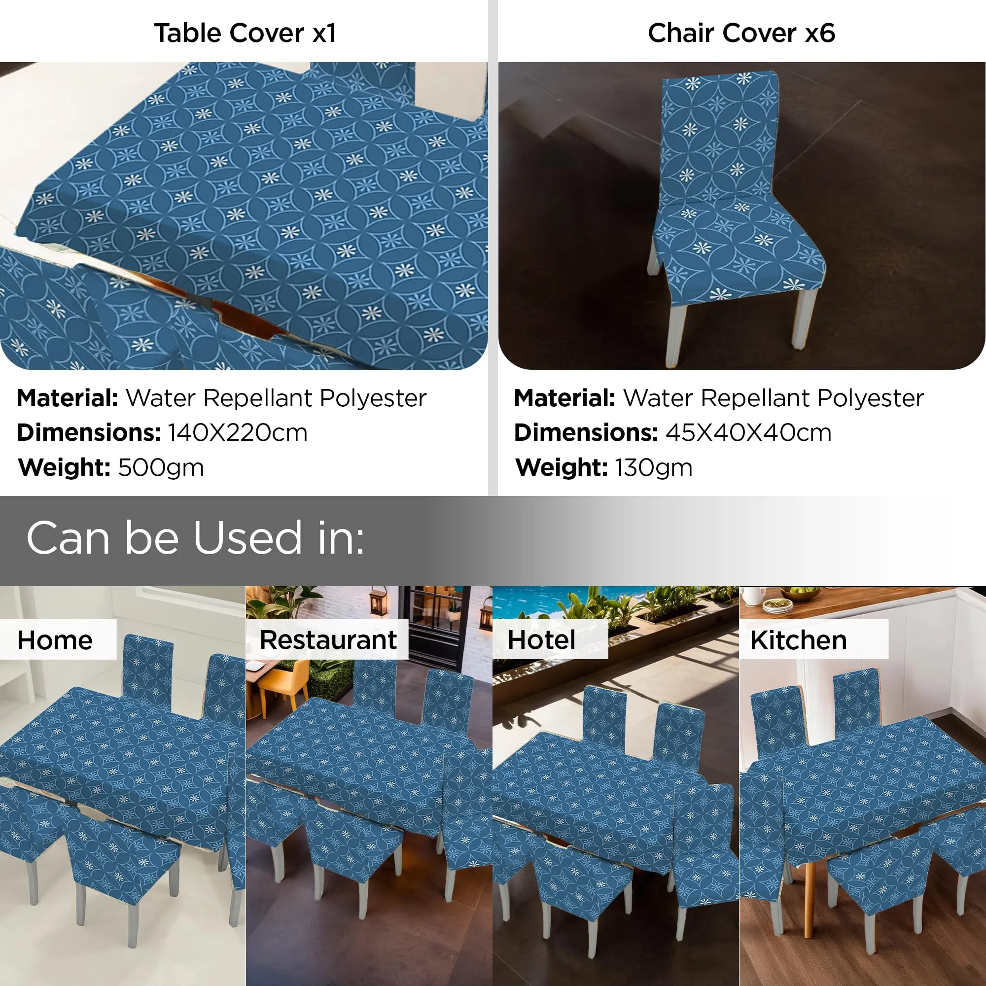 UMAI Dining Table Cloth | Dining Table Cover 6 Seater Cover Set | Water Proof Cloth Dust and Oil Repellent Washable | 6 Chairs 1 Table Cover| Blue