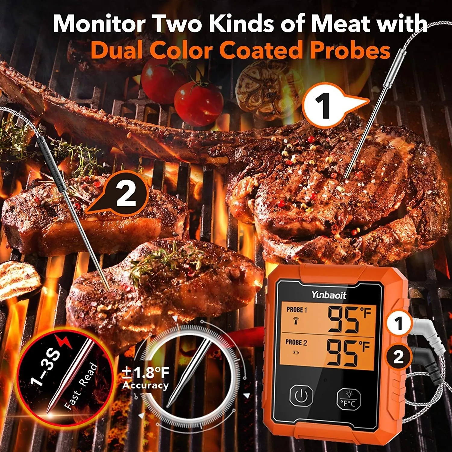 Yunbaoit Wireless Meat Thermometer, Yunbaoit Digital Remote Food Cooking Meat Thermometer for BBQ Grill Smoker Oven Kitchen,500 FT Range&Dual Probes